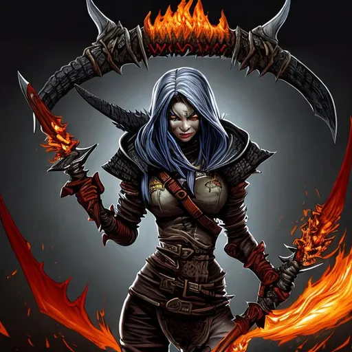 Prompt: girl rogue holding two burning knives, detailed diablo 4