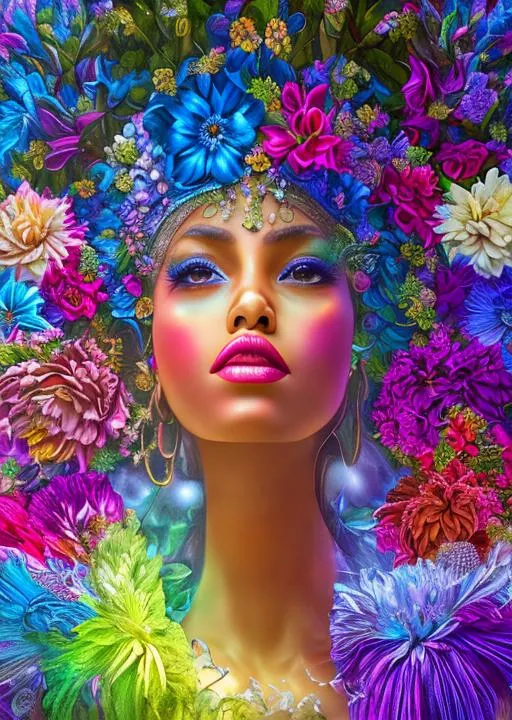 Prompt: Digital art, fantasy art, epic perspective, very colorful, magical flower garden art rendition of a remarkably beautiful African American flower fairy with very beautiful, semi-transparent, gossamer, pastel colored wings seated in a garden of flowers and trees, Hyper detailed, magical lighting with lens flares in the style of Penelope Luc hyper detailed digital art