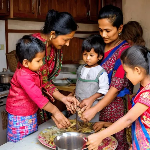 Prompt: In Nepali Pattern, Together with the child, everyone is working in the kitchen   