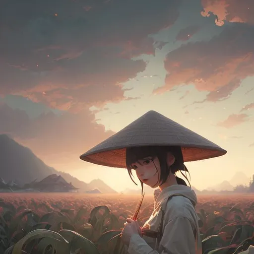 Prompt: soft lighting, perfect composition, cinematic, dramatic, detailed painting, 8k, octane render, by makoto shinkai, stanley artgerm lau, wlop, rossdraws, concept art, digital painting ,vietnamese girl, cute, conical hats, rice field background