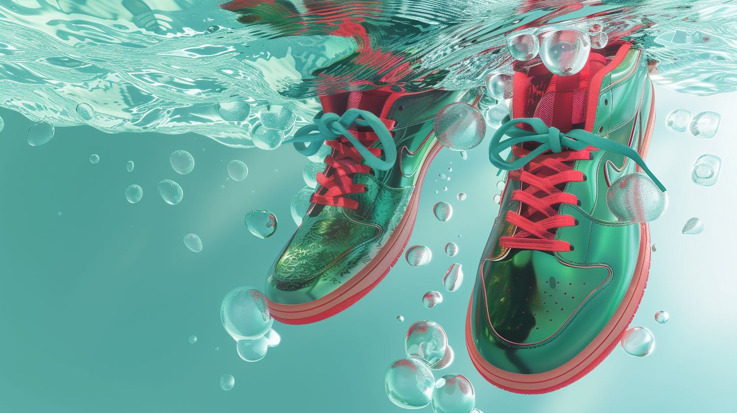 Prompt: a pair of green and red sneakers floating in water with bubbles on the bottom of the shoe, Alberto Seveso, photorealism, 3 d render