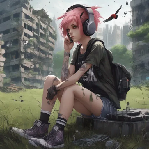 Prompt: Masterpiece, 64k, Highly Detailed, Punk Girl, Headphones, Anime, Dystopia, Cityscape, Ruins, Post-Apocalyptic, Forest, Grass, Few birds in the background