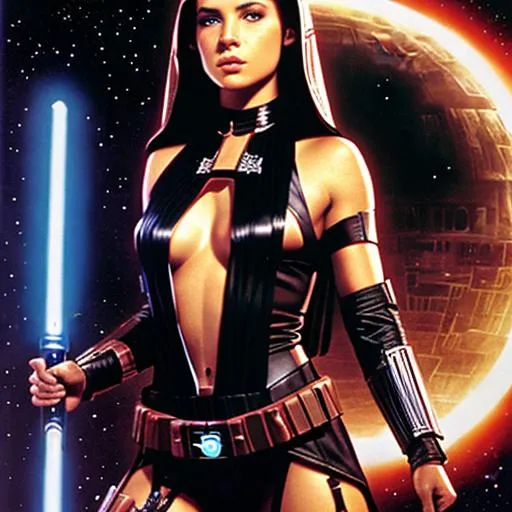 Prompt: (Breathtaking) ((star wars sith woman)) realistic ((star wars empire))((Retiarius)) gladiator, ((holding a 3 pronged lightsaber)), in the center of the completed star wars movie coliseum act as Frank Frazetta, Earl Norem, and Ken Kelly, ((high quality)),, {{ultra realistic, detailed, seductively wearing leather harness halter}} (hdr), ((bokeh)), (((photorealism))), ((photo)), ((Realistic lighting)), ((Authentic)), ((Chromatic Aberration)), ((Lens Distortion)), (Grain), ((sharp focus)), ((Flattering Light)), 1girl, textured skin, shiny skin, textured shiny skin, cinematic dramatic angle, wearing gladiator sandals, shoulder guard galerus on their left arm, a padded sleeve manica on their right arm, and a loincloth, dirty battered, battle worn, battle hardened, dirt scuffs, dusty, black hair, deep features, muscular toned body, many battle scars, crowded stands in the coliseum full of cheering fans wanting blood