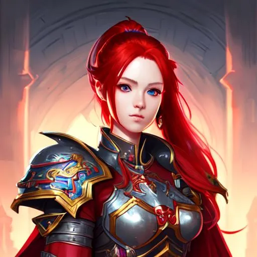 Prompt: 64K, centered position Full body of adult female, Mobile Legend, perfect eyes, Red hair, long ponytail, symmetrical, lighting, detailed face, concept art, digital painting, looking into camera, slight smile, colorful armored robes, beautiful, castle background, colorful ambient, colorfull, HDR, 64K