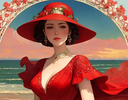 Prompt: elegant lady in a red long dress in the whole body on the seaside. she is wearing a hat with fancy flowers. illustration for fashion magazine in art nouveau style. hyper detail clear focus by Demiurge Ash, Irina French, Dang My Linh, pino daeni 