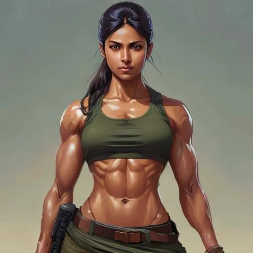 Prompt: Hot fit indian army women with muscular body structure and hot midriff, with tanned skin tone with toned thighs, dynamic, maximum detail, sharp focus, art by artgerm zumi and Hyung-tae Kim and Krenz Cushart and greg rutkowski and wlop