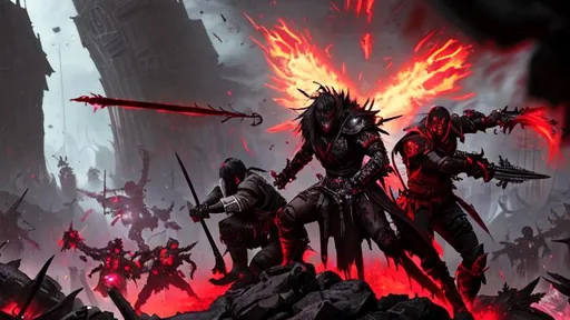 Prompt: Red sky, gothic, grimdark, dynamic action poses, neon Elden shadowy evil knights, neon blood splatter, neon weapon flashes, facing down monstrosities, violent melee, splatterfest, perfect composition, hi-res, masterpiece, quality upscaled image, colorful, 18k, wanton violence, violent melee, anti-heroes being slain, huge battle, acrobatic attacks