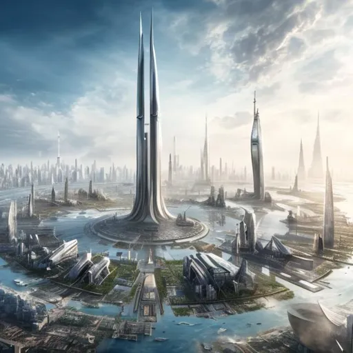 Prompt: Futuristic city with Largest tower in the center which is connected to sky structures also, digital art, 4k, morning view, clear image, 16:9, 