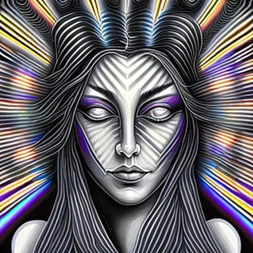 Prompt:  Geometric background backlit in the style of Alex Grey,  In the foreground is a beautiful woman, in the style of Botticelli, Gray hair with blood stains, Gray-colored eyes, haunting look, 