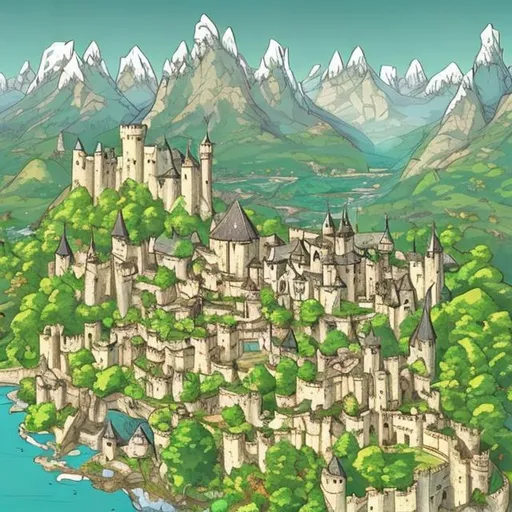 Prompt: A Medival Kingdom,picturesque landscapes, sprawling markets and homes, castles, and enchanting forests,situated by majestic mountains,Drawing,Anime Style