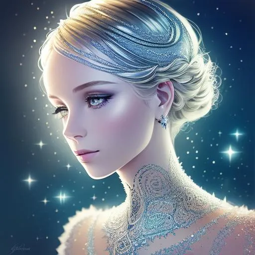 Prompt: filigree, tiny glowing silver particles, filigree outlines, portrait of a beautiful blonde woman, glittery iridescent lines, glowing ink,  stunning composition, silver filigree detail, ethereal, super sharp silhouette art,  shinning glow by juliana joseph