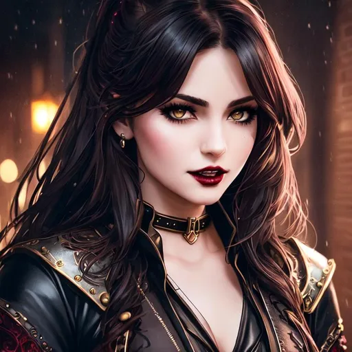 Prompt: portrait photo, 1girl, a modern vampire, medieval steampunk city, dark alley, night, vampire fangs, half-open mouth, blood, heavenly beauty, 8k, 50mm, f/1. 4, high detail, sharp focus, cowboy shot, perfect anatomy, arms behind back, Carne Griffiths, Conrad Roset, highly detailed, detailed and high quality background, oil painting, digital painting, Trending on artstation , UHD, 128K, quality, Big Eyes, artgerm, highest quality stylized character concept masterpiece, award winning digital 3d, hyper-realistic, intricate, 128K, UHD, HDR, image of a gorgeous, beautiful, dirty, highly detailed face, hyper-realistic facial features, cinematic 3D volumetric, illustration by Marc Simonetti, Carne Griffiths, Conrad Roset, 3D anime girl, Full HD render + immense detail + dramatic lighting + well lit + fine | ultra - detailed realism, full body art, lighting, high - quality, engraved | highly detailed |digital painting, artstation, concept art, smooth, sharp focus, Nostalgic, concept art,