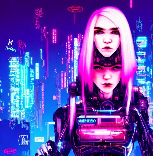 Prompt: grimes style, anthropocene, cyberscape, cyberpunk, neon city, 8k, high quality, cyborg, blonde girl