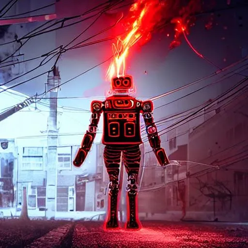 Prompt: Red cyberpunk robot walking through fire and wires
