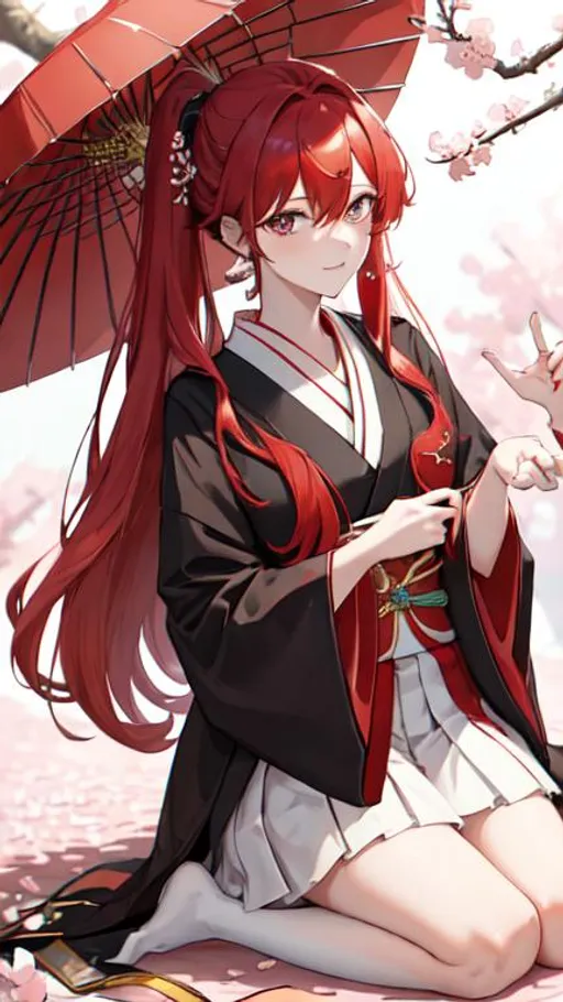 Prompt: Zerif 1male (Red side-swept hair covering his right eye) aking Haley to marry him, 8K, UHD, best quality, under the cherryblossom trees, wearing a Japanese school uniform, red hair, on his knees proposing, ring in his hand