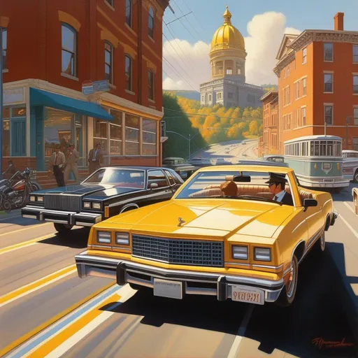 Prompt: 1980s, Pittsburgh, car chase, sunny weather, warm atmosphere, cartoony style, extremely detailed painting by Greg Rutkowski and by Henry Justice Ford and by Steve Henderson