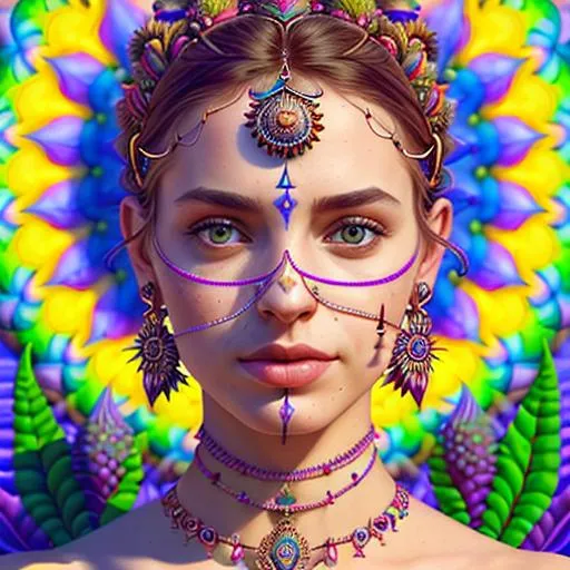 Prompt: Portrait of a cute woman in an psychedelic world, complex, sacrificed, chakra, goddess, vodoo, plants, highly detailed, realistic, digital painting, smooth, sharp focus, illustration, trending on artstation, art by mandy jurgens and micheal james smith and yaşar vurdem