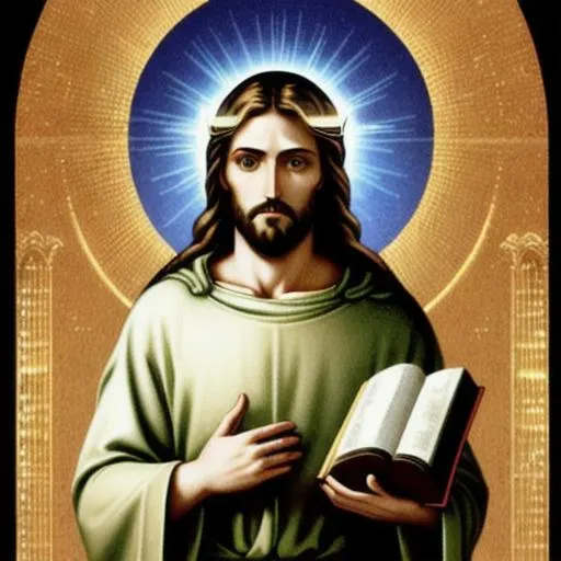 Prompt: Jesus with halo holding computer and the Bible