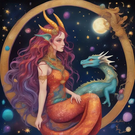 Prompt: A colourful and beautiful Persephone, she is a dragon woman, with scales for skin, horns and gold and gems for hair with a dragon tail, in a painted style. Framed by constellations and the moon
