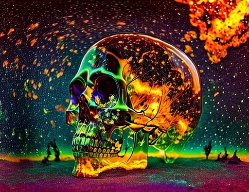 Prompt: Amber skull transparent filled with Mycelium
Galaxies
Nebula
Stars
Desert
Alien
Glowing
Psychedelic
Photographic