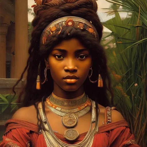 Prompt:  Portrait of a beautiful African woman, goddess of Africa, realistic, {background outside}, super detailed, 8k, high quality, sharp focus, real skin, cheeks red, transparent, intricate details, highly detailed, oil painting by William Waterhouse 
