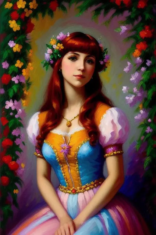 Prompt: Portrait of a woman with small chest in the style of  Leonid Afromov. brightly colored with lots of flowers everywhere in the background
