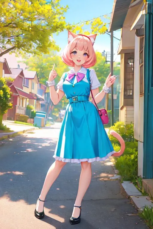 Prompt: cat girl dressed like the 50s, american residential street, sunny, cat ears and tail, bright pastel colors, hd