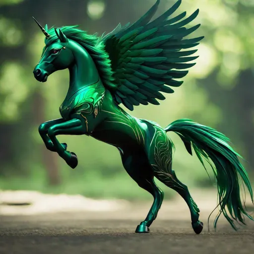 Prompt:  small twisted pegasus animatronic hybrid, with focused emerald eyes. They identify as a Male. Emerald colored feathery tail. dark Green ombre mane and tail. UHD, HD, 4K, green haze, anime style, green and black coat