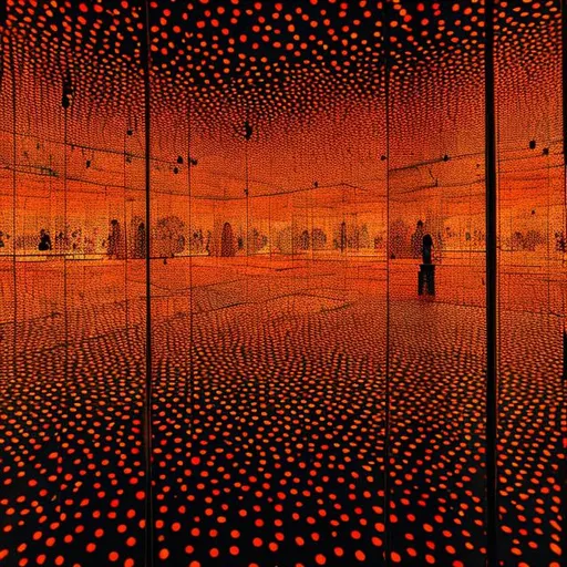 Prompt: view from center of Yayoi Kusama’s Infinity Mirror Room with color changing lighting