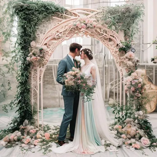 Prompt: a brilliantly detailed and illustrative art nouveau style wedding arch including pastel colors, 3d painted acrylic flowers and ethereal elements