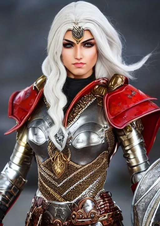 Prompt: a beautiful young fantasy female warrior of softly tanned skin with a perfect and symmetrical face with long wavy black and white hair, wearing leather armor with polished gold and silver colored metal details adorned with ruby gems, detailed and realistic armor , details in focus, full body portrait, bright intense red eyes, soft lighting and shading, soft color contrast, super detailed, concept art inspired by the art of feimo, inspired by the art of cris ortega, inspired by the art of laura sava, inspired by jairo valverde's art, conceptual style inspired by luis royo's art, artgerm's art style, shannon maer's art style, ultra high definition, 8k resolution, digital painting, concept art, smooth, sharp focus, rule of thirds, dark fantasy, intricate details