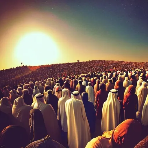 Prompt: Arab crowed standing on a hill looking at the sky, hands up to the sky praying, very beautiful, sun in the middle of sky