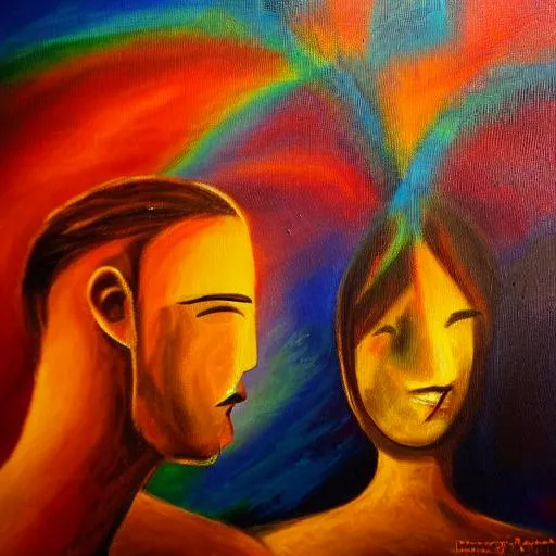 Prompt: Two people in deep and spiritual love while the whole world is burning down abstract and oil painting 