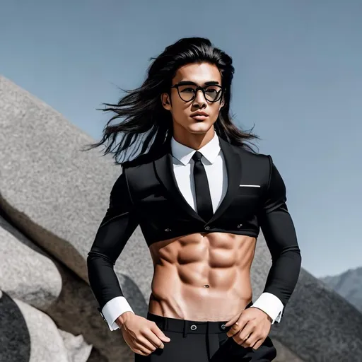 Prompt: an attractive long-haired 20-years old man with a six pack abs and glasses wearing a crop top black suit and tie with black suit pants, solid background, he is drinking coffee 