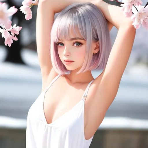 Prompt:  Side view of 18 years old cute and beautiful girl, open eyes,  armpit visible to viewer,  facial details, messy stray hair bob fringe pink and silver, slim body, {{exposed f-cup size visible}}, {{{one arm raised up armpit visible}}}, snowry winter cherry blossoms, armpit, hyperdetail, 4k, 8k, sunny day, pastel soild and sharp colour, backlit, facial expression, realistic, high details,  hi res, photography, smooth pale white skin, skin texture