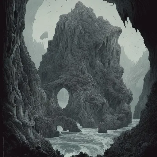 Prompt: impressive fantasy ocean cave landscape, beautiful line art, pure b & w, etching illustration, square sticker, by joe fenton and greg rutkowski