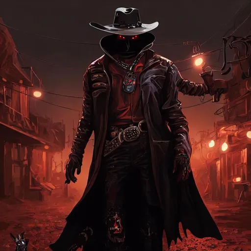 Prompt: Cyber Cowboy with 4 Arms, fiery red Poncho, Dressed in black duster and Stetson Cowboy Hat, with Red eyes, Haunting Presence, Intricately Detailed, Hyperdetailed, Desert Wild West Landscape, Dusty Midnight Lighting, Wild West Feel