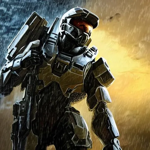 Prompt: Professionally illustrated art of a marine from Halo standing in the rain, intricate details, full-body portrait, headshot, HDR, 64K, highly detailed, bright sun rays, best version, handle bar mustache