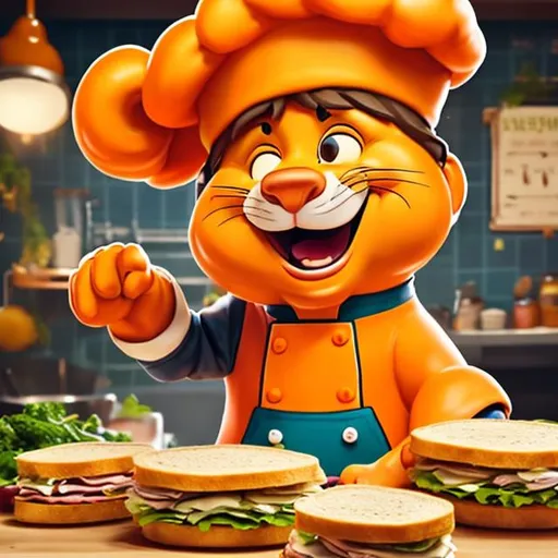 Prompt: a cartoonish picture of a funny and smiling chef lion that has a hat of chef, making sandwhiches in a kitchen. the lion has orange clothes