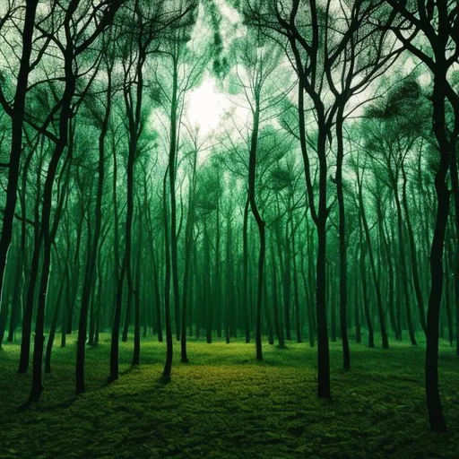 Prompt: Forest of dark green trees withufo in background