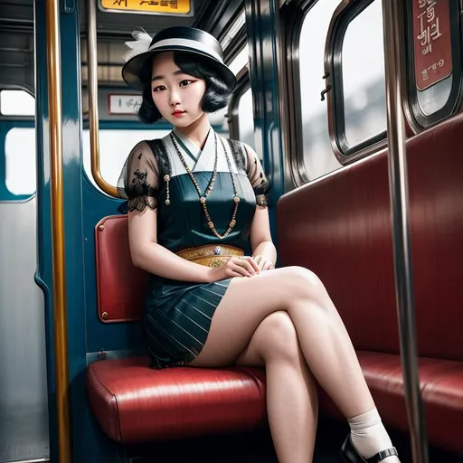 Prompt: old time photo of young Korean girl, dressed with 1920s hair, dressed like flapper, sitting on train, raw photo, photorealistic, High Detail, dramatic, UHD, HDR raw photo, realistic, sharp focus, 8K high definition, insanely detailed, intricate, high quality, 