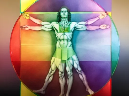 Prompt: vitruvian man da vinci prism spectrum colors



