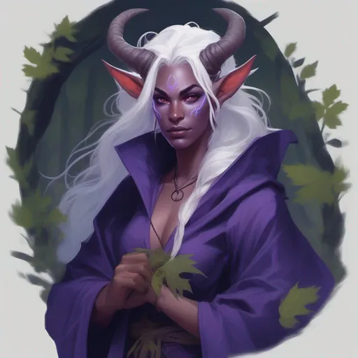 Prompt: dnd a female purple tiefling druid with long messy white hair with leaves in it and asymmetrical horns with strings tangled in her horns wearing a dark blue robe in the forest