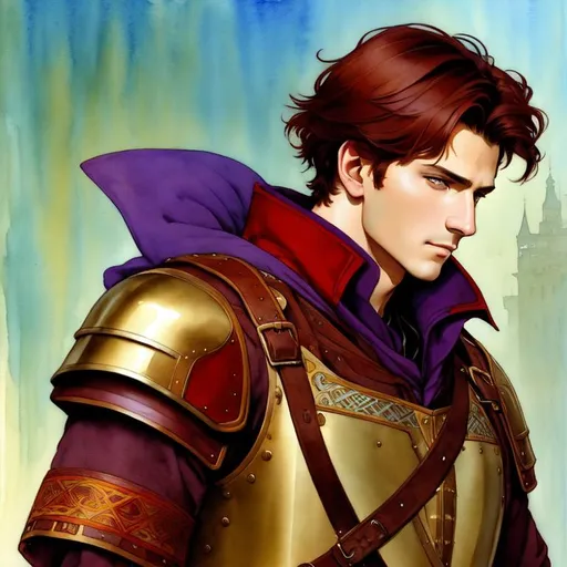 Prompt: watercolor portrait, of a guy with short dark red hair and brown eyes, defined face, medieval nobleman , Renaissance, warrior , by Ilya Kuvshinov and Alphonse Mucha, pastel colors, dreamy, soft light, in watercolor style, small chest, long purple and brown robes, 14 years old, leather breastplate 