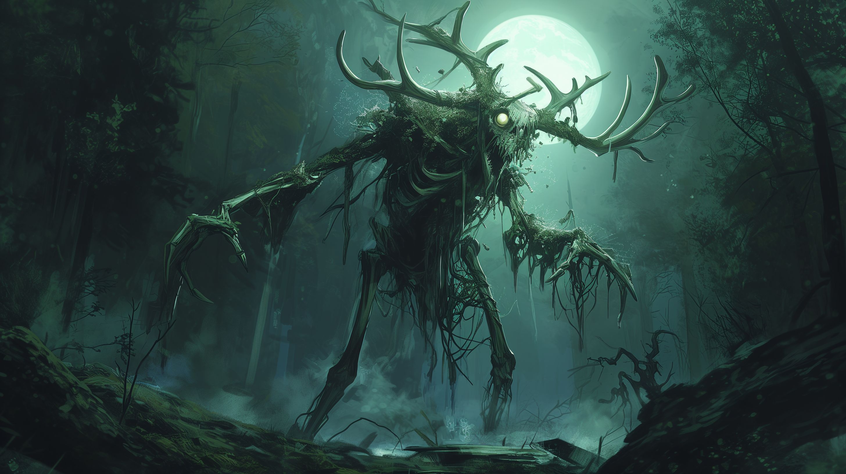 Prompt: mothman with a long slender body, bright gloweing yellow eyes, sharp white teeth, white twisted elk horns covered in vines, emaciated body with skin clinging to bones, deer skull head, standing in a dark forest in a dark forest with a white moon overhead --ar 16:9 --v 6.0