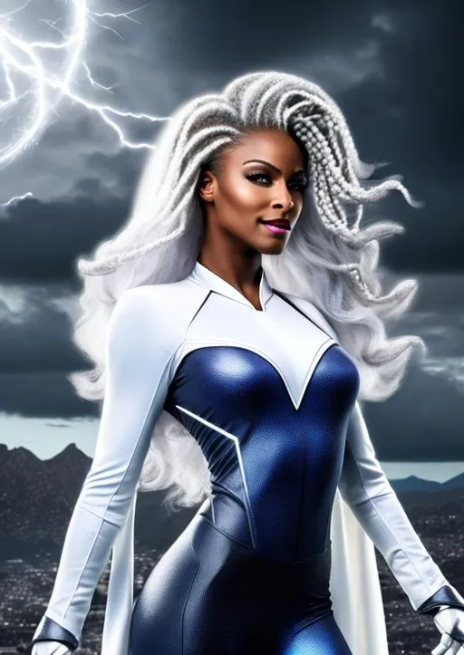 Prompt: High-resolution hyperrealistic photo of x-man storm ororo munroe merged with avenger photon monica rambeau, white hair, grey and white costume, white cape, flight, uhd, hdr, 64k