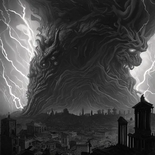 Prompt: it's Rome but in a Lovecraft story. Seen by the sky.
With darkness in form of black fog that envelope the city and shadow all around.
The shape of a big monster, with claws dangerous on the city, it is on the background behind the cloud and thunder creates spot of light.
Look like a Dave McKean artstyle