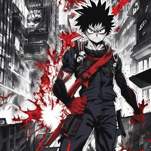Prompt: My hero academia bakugo as villain. Fighting. Blood spatters. Very Dark image with lots of shadows. Background partially destroyed neo Tokyo. Noir anime. Gritty. Dirty. Detailed. Accurate. Perfect.