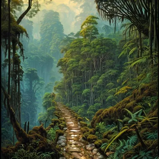 Prompt: Landscape painting, lush and dark jungle, old rocky path, dull colors, danger, fantasy art, by Hiro Isono, by Luigi Spano, by John Stephens