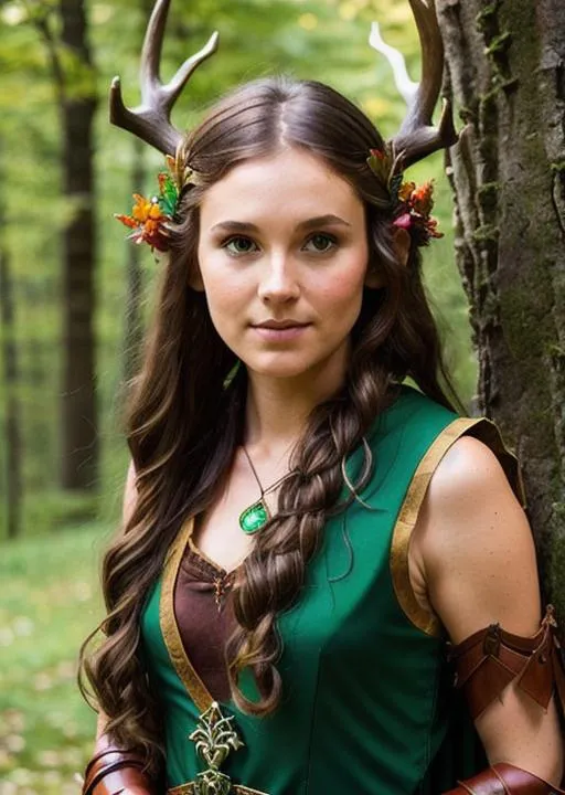 Prompt: Young Half-Elf Druid Keyleth. Simple green vest. Simple Form-Fitting Brown leather Bracers, Sleeve and Boots. Fair Skin. Loose Messy Hair with Druidic "Antlers" Circlet. Striking Beautiful Young Face. Long Wooden Staff Topped with a Carved Crystal. Shy. 64K